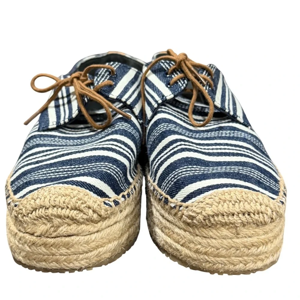 Tory Burch Florence Platform Espadrilles Women 9 Blue White Striped Canvas Shoes